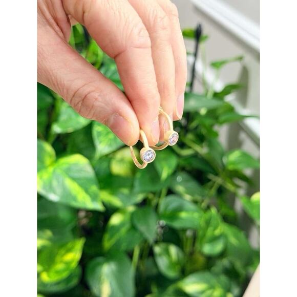 Gold Over 925 Sterling Silver Open Hoop CZ Earrings Solitaire Pushback - Picture 10 of 11